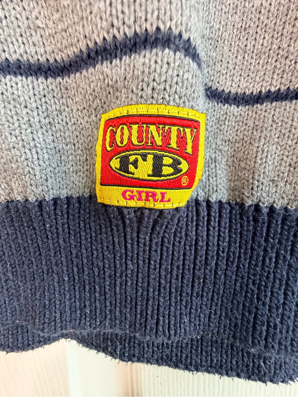 FB County Girl Cropped Knit Polo Sweater Size L Striped Navy Blue Gray - Picture 3 of 12